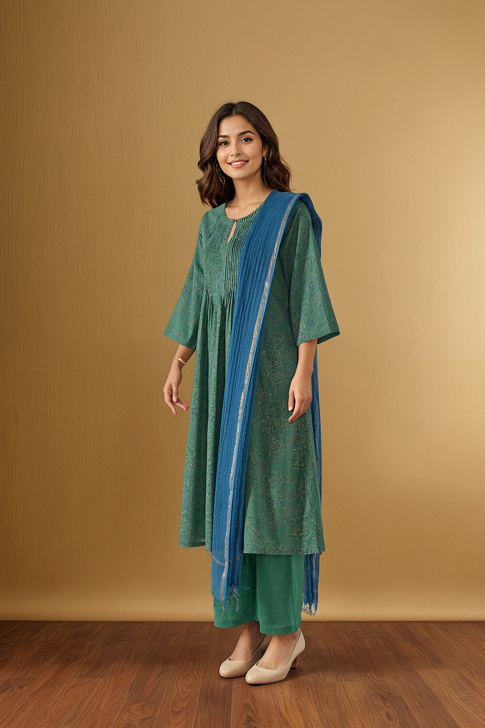 Green Block Printed Pure Cotton Kurta Set image number null