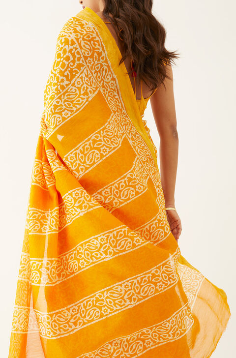 Dark Yellow Pure Silk Cotton Batik Saree