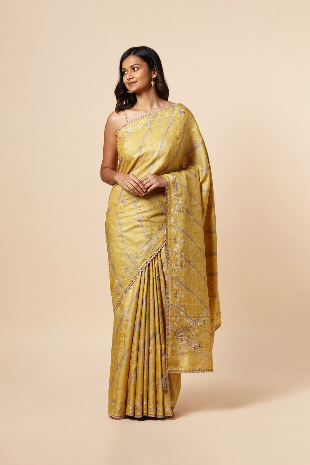 Yellow Pure Tussar Embroidered Saree image number null