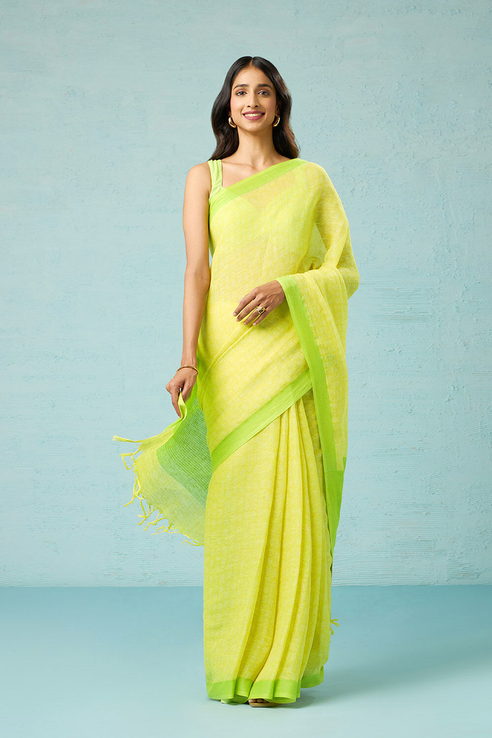 Yellow Screen Printed Pure Linen Saree image number null