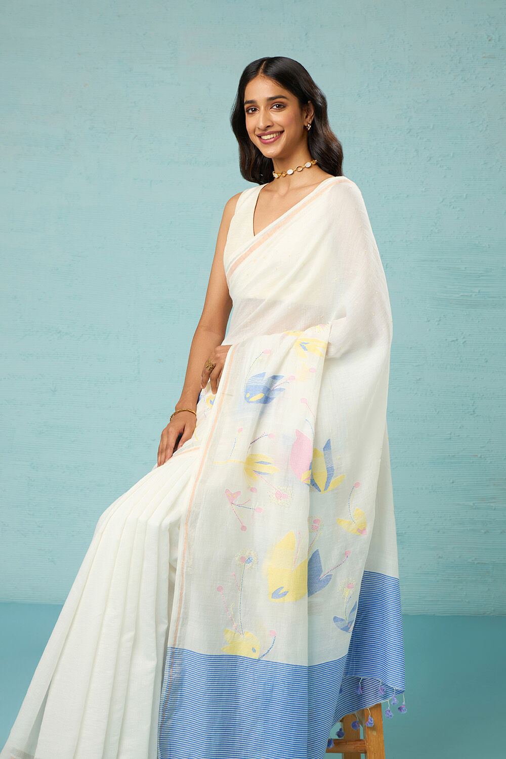 Off White Bengal Pure Silk Cotton Jamdani Saree image number null