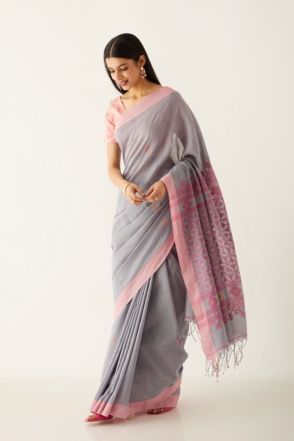 Grey Pure Cotton Bengal Saree image number null