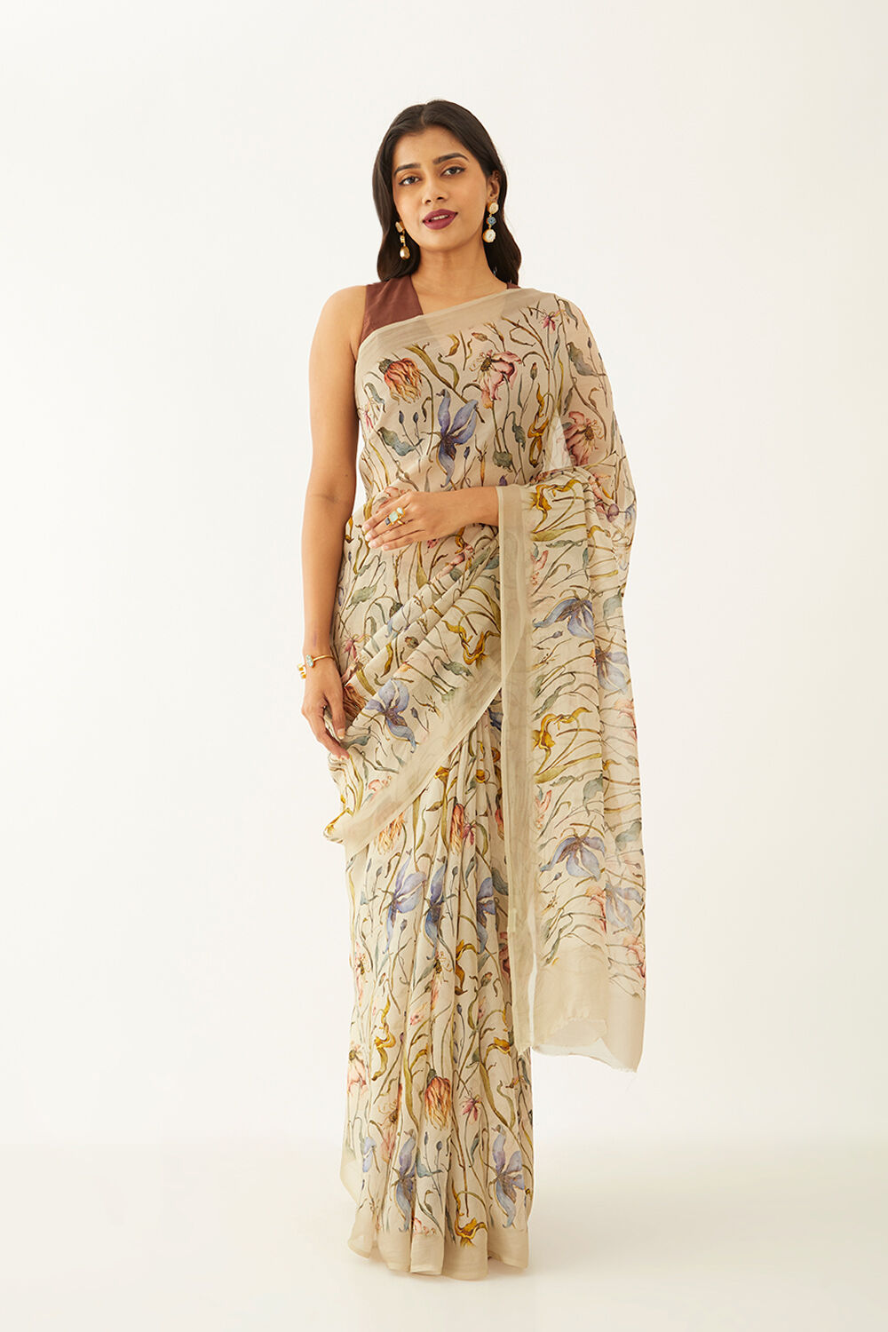 Beige Viscose Organza Digital Print Saree image number null