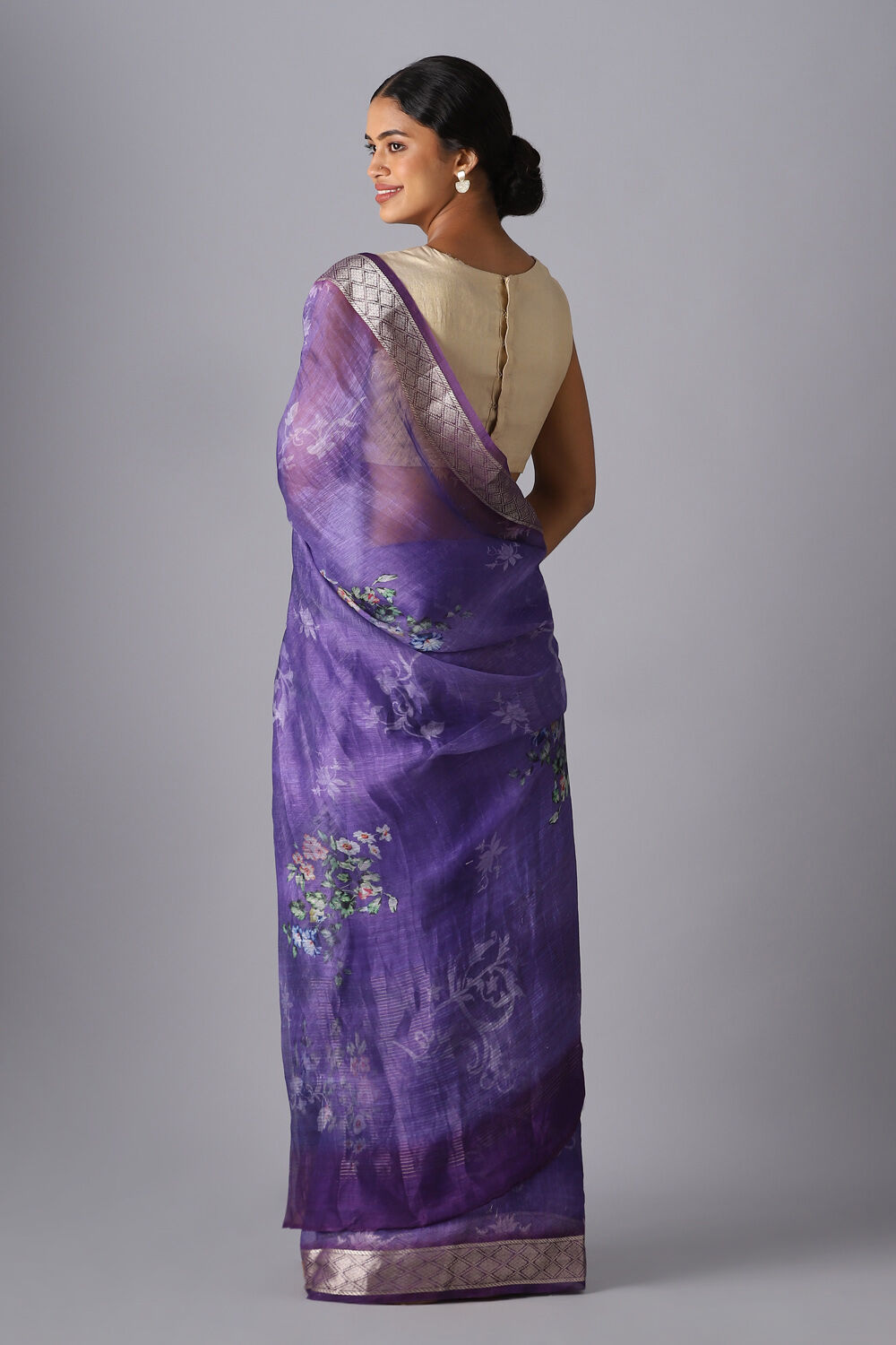 Purple Pure Silk Linen Digital Printed Saree image number null