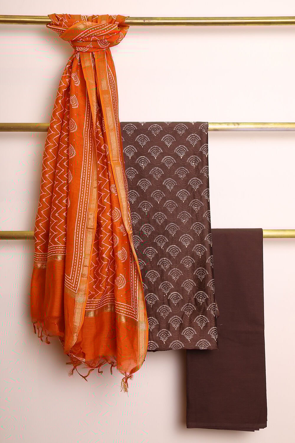 Woody Brown Pure Silk Cotton Suit Set image number null