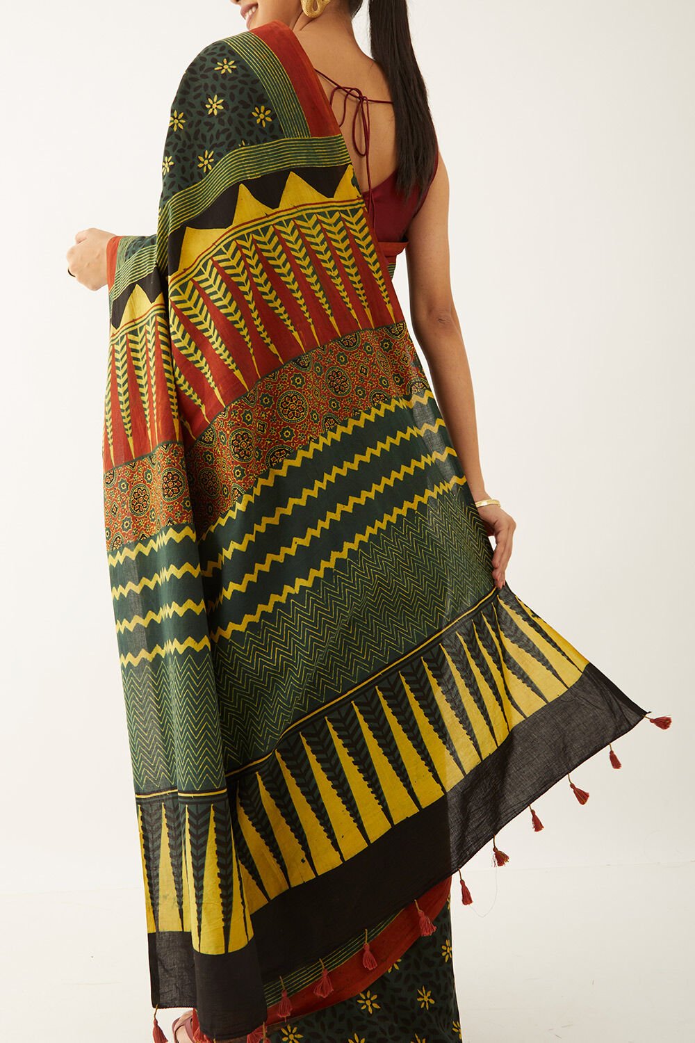 Green Pure Cotton Ajrakh Block Print Saree image number null