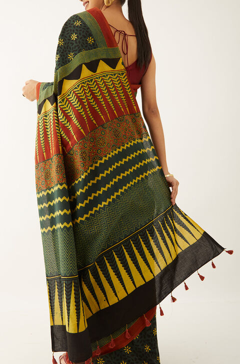Green Pure Cotton Ajrakh Block Print Saree