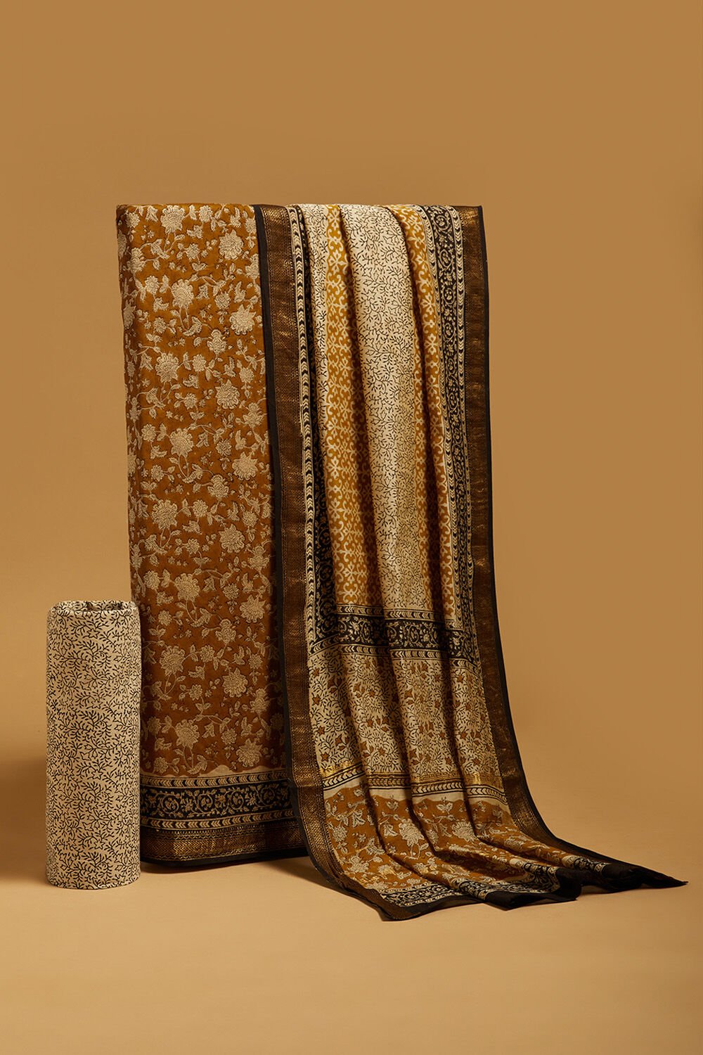 Yellow Bagru Block Printed Pure Silk Cotton Unstitched Suit Set image number null
