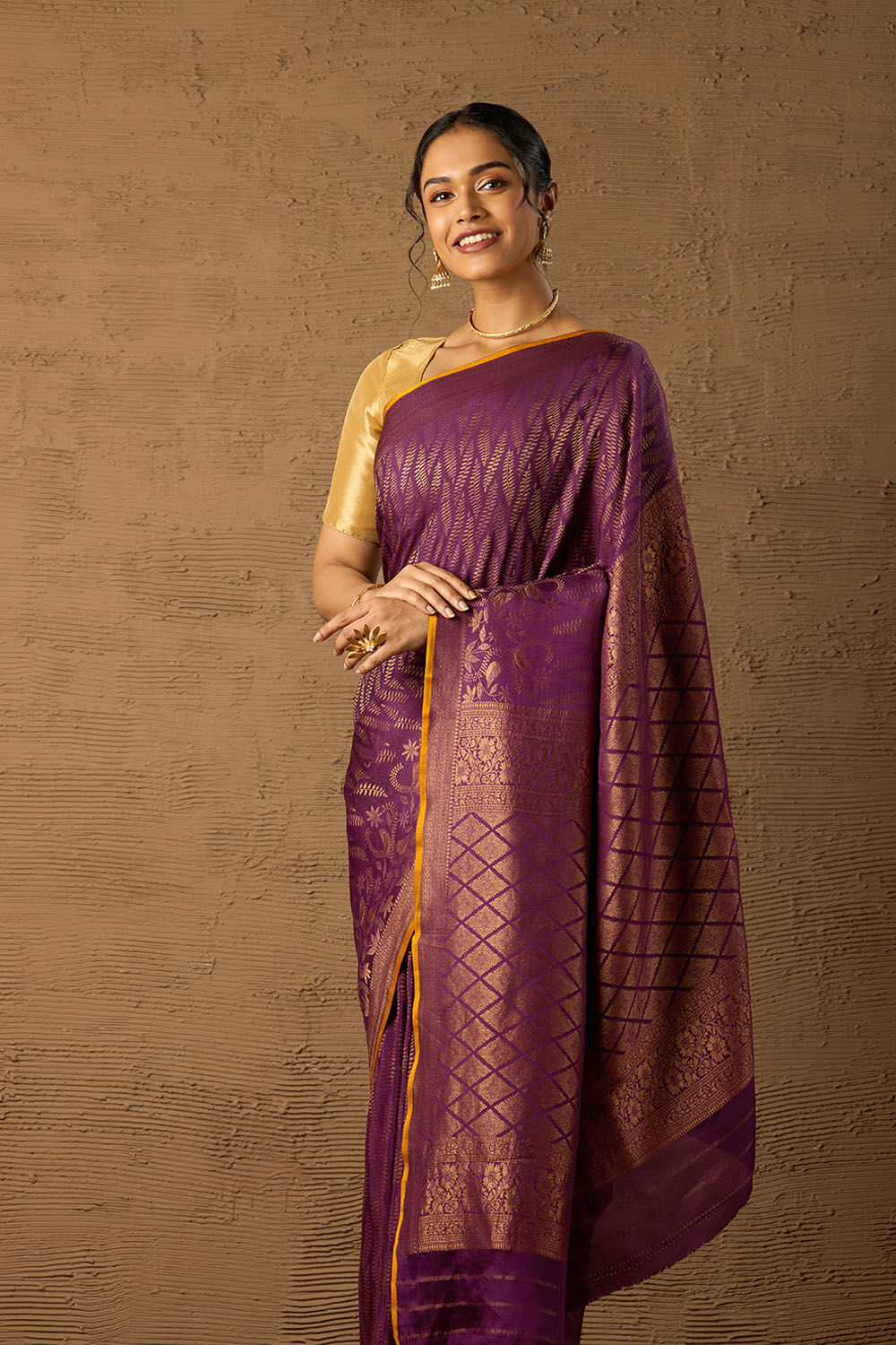 Violet Woven Pure Silk Crepe Saree image number null