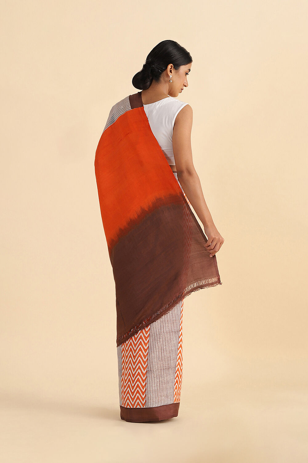 Orange Hand Blockprinted Pure Silk Saree image number null