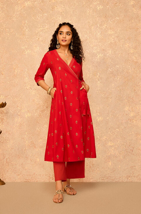 Red Pure Cotton Printed Kurta