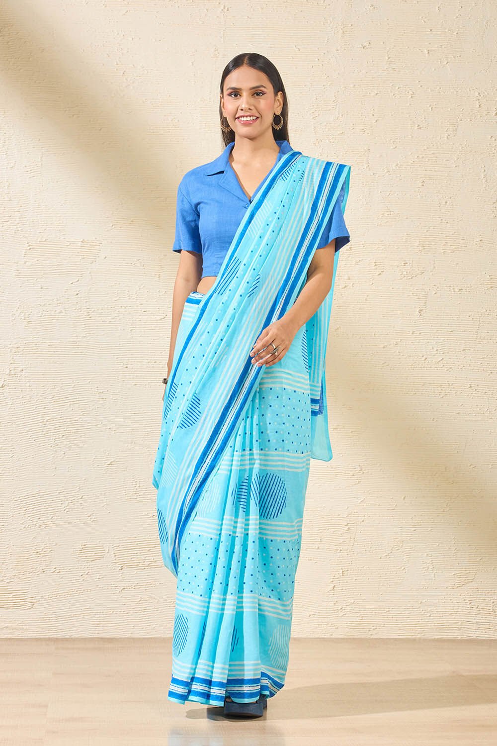 Light Blue Rajasthan Pure Cotton Dabu Block Printed Saree image number null