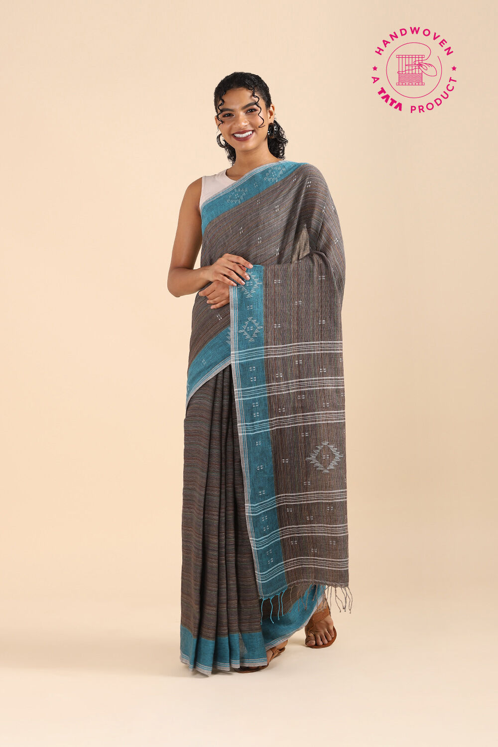 Grey Pure Khadi Cotton Jamdani Saree image number null