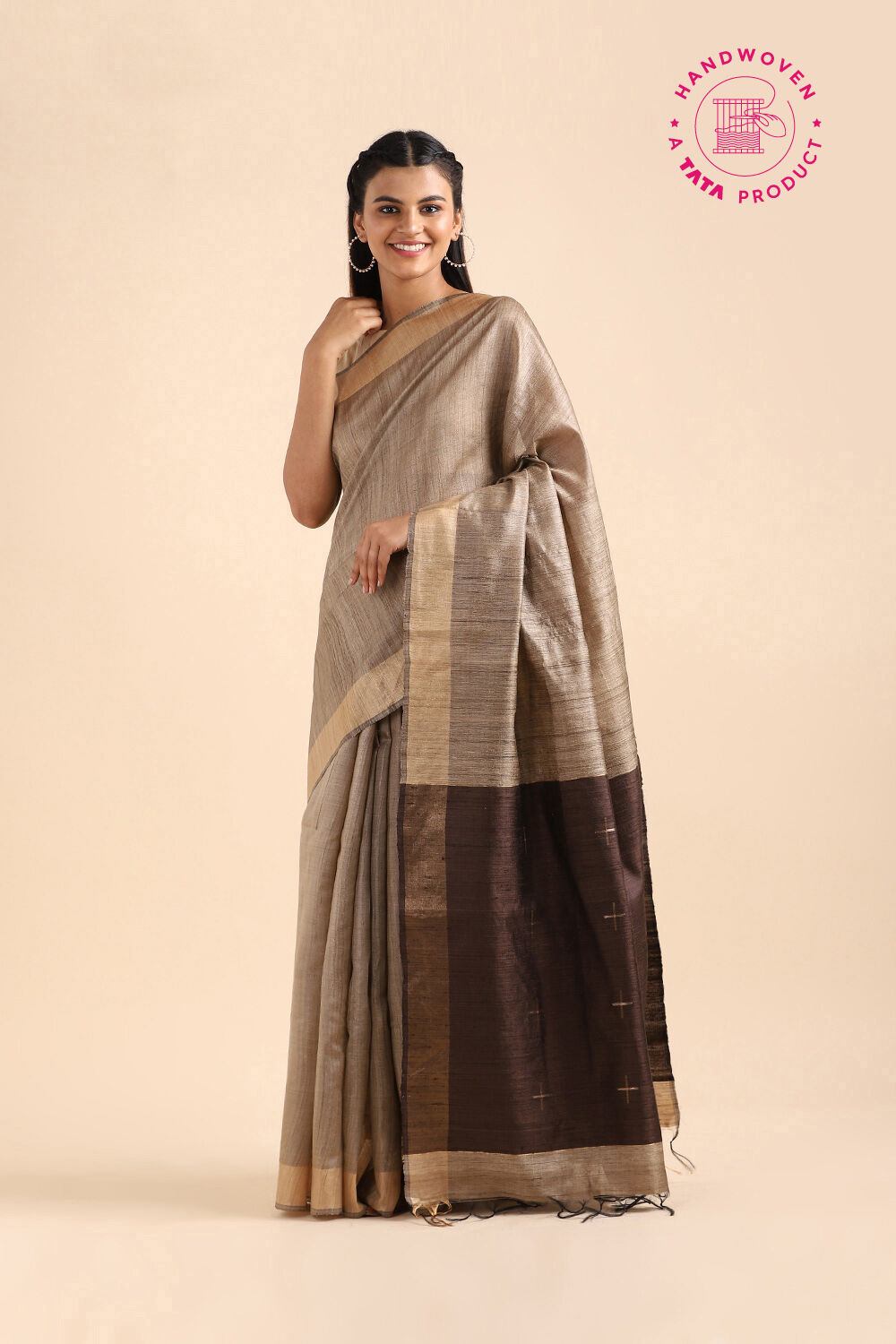 Beige Pure Tussar Silk Bhagalpuri Saree image number null