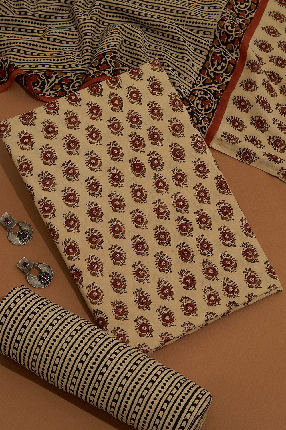 Beige Block Printed Pure Cotton Unstitched Suit Set image number null