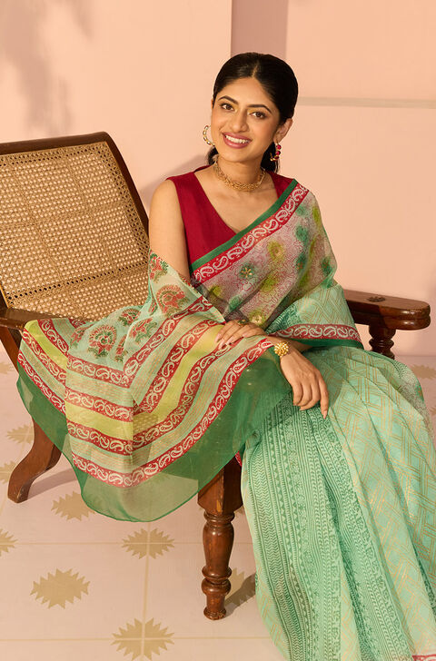 Green Pure Silk Cotton Block Printed Bengal Saree