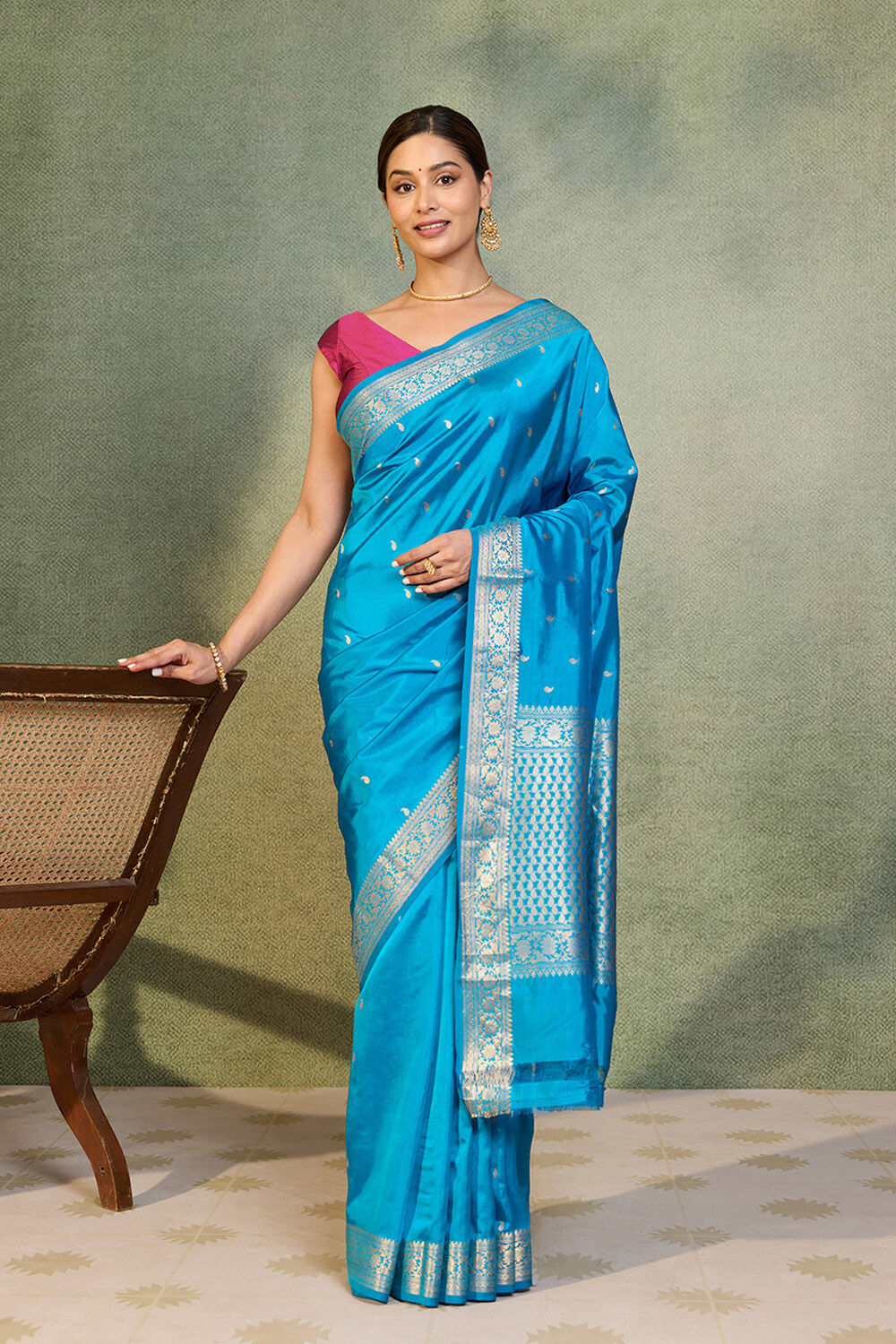 Blue Silk Viscose Cutwork Banaras  Saree image number null