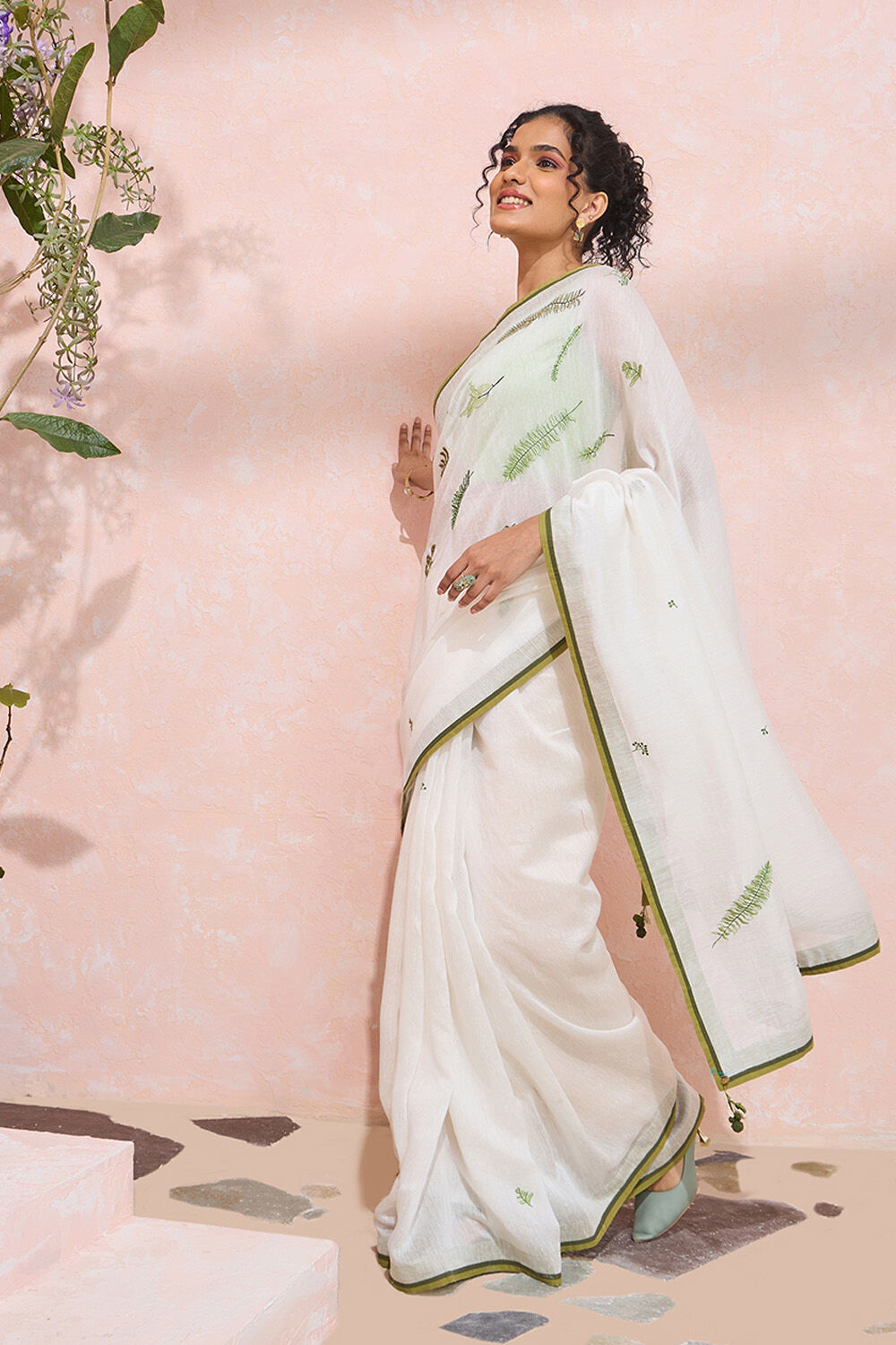 Off White Pure Silk Linen Embroidered Saree image number null