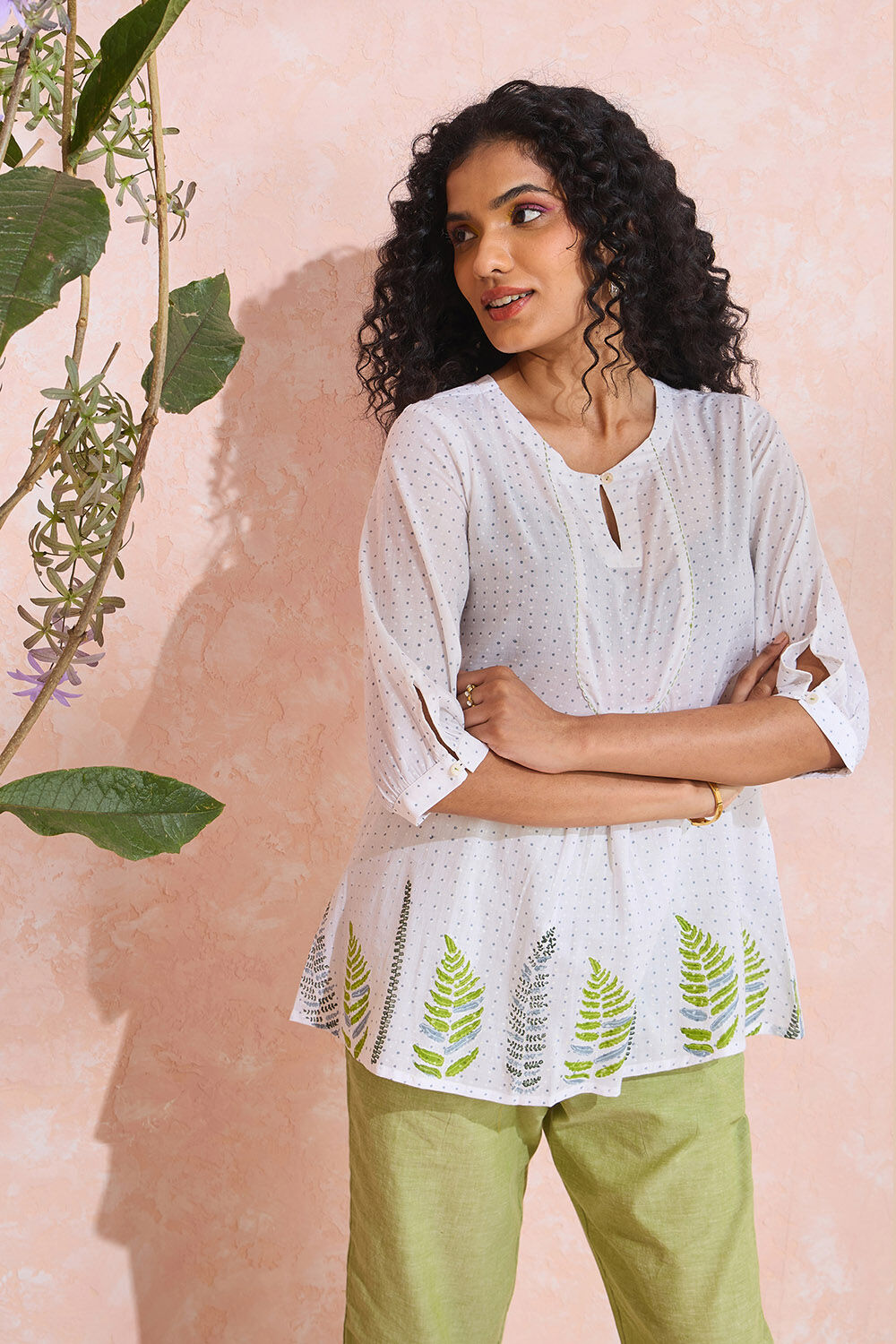 White Block Printed Pure Cotton Short Top image number null