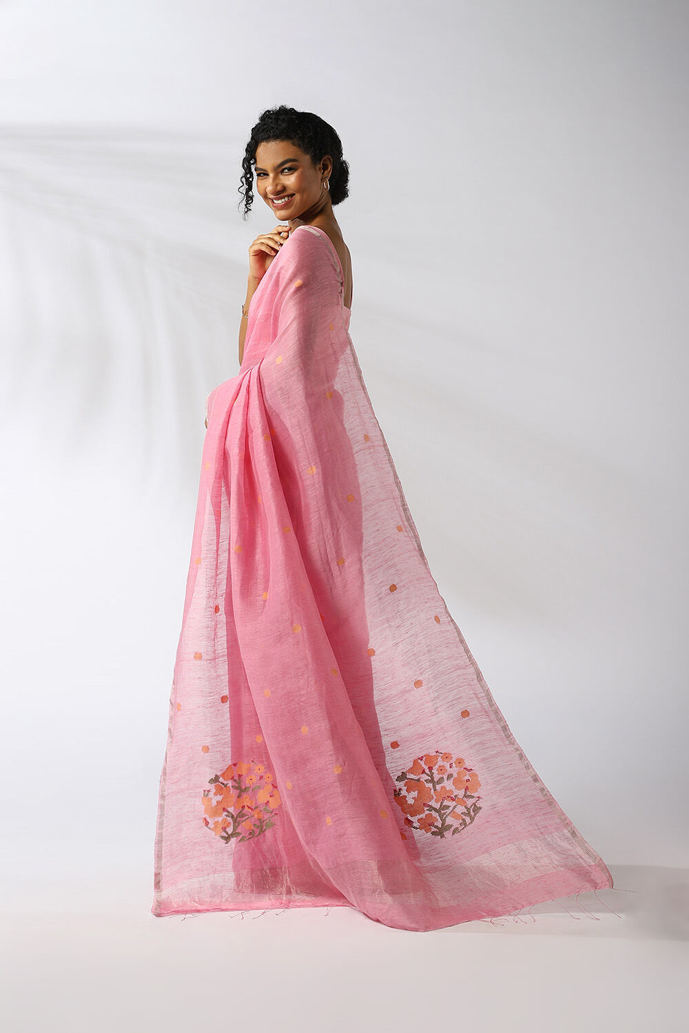 Pink Pure Silk Linen Jamdani Saree image number null