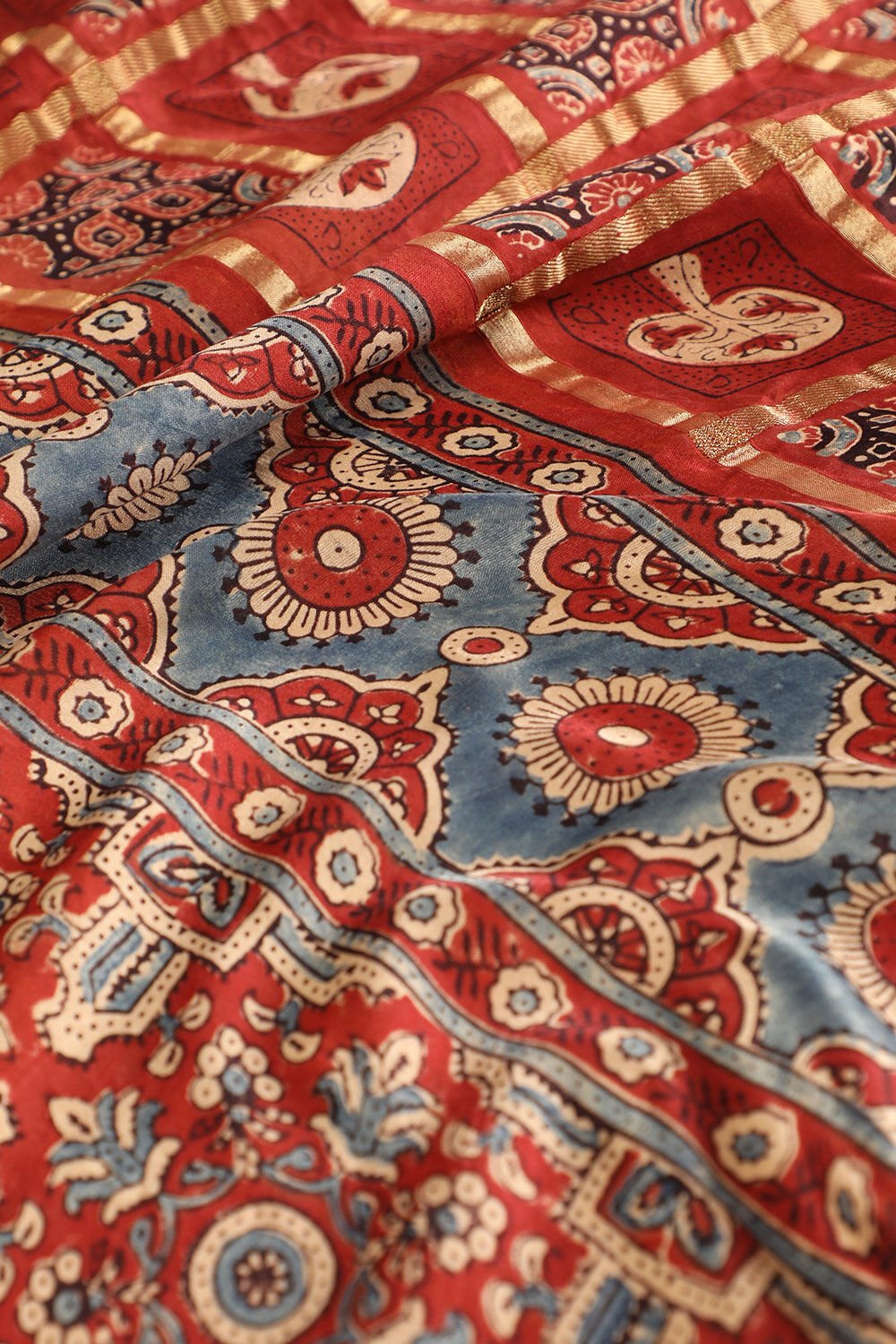 Red Gujarat Pure Silk Ajrakh Block Print Saree image number null