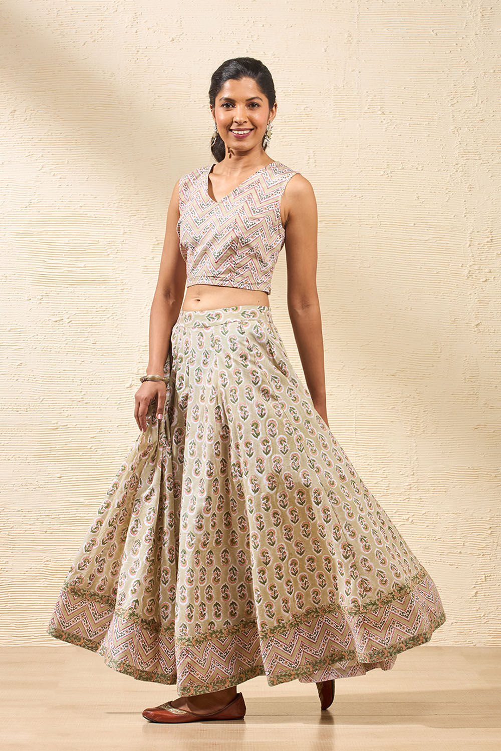 Light Green Rajasthan Block Printed Pure Cotton Lehenga Taneira Online Store