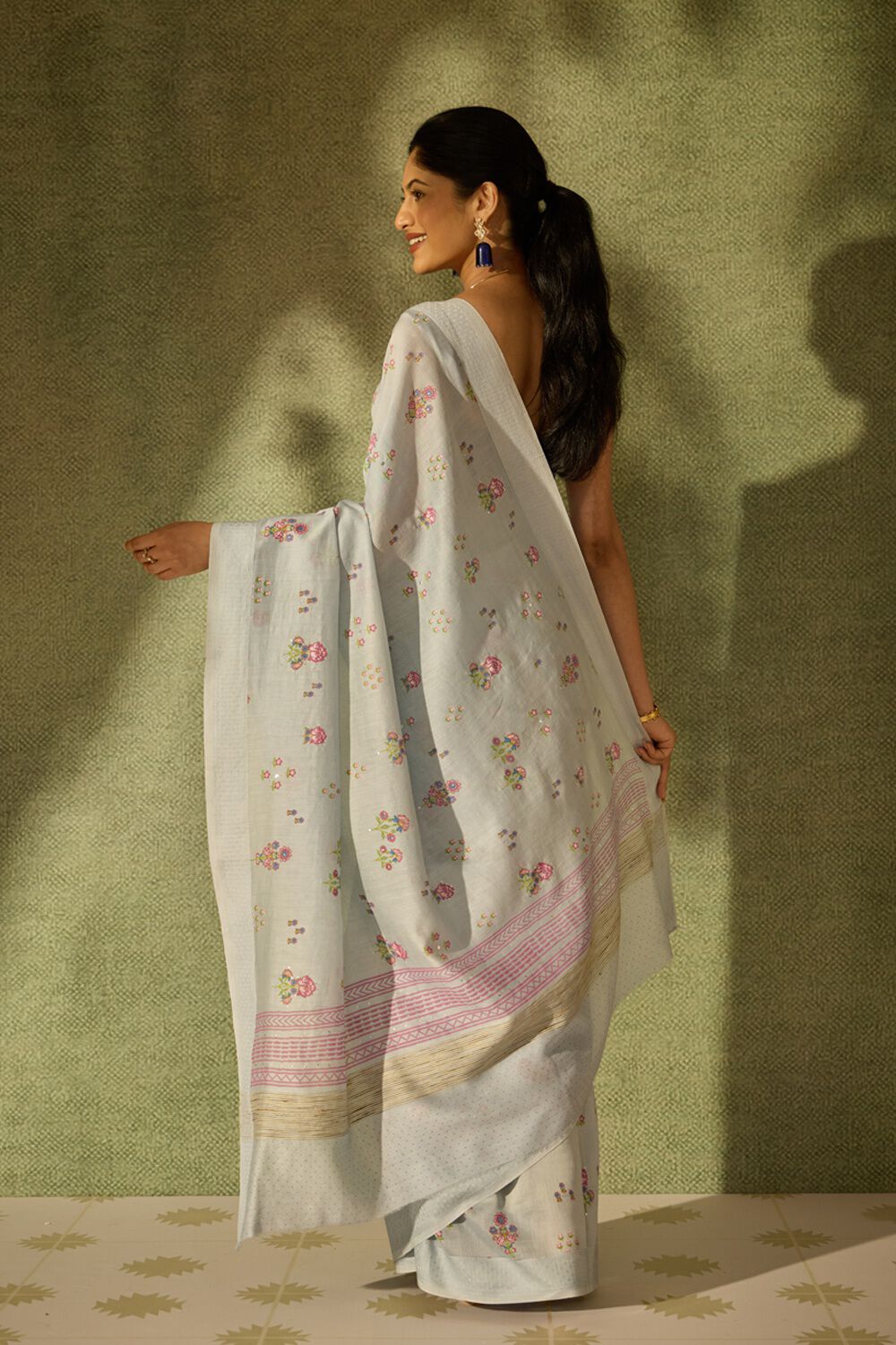 Light Blue Pure Silk Cotton Mukaish Saree image number null
