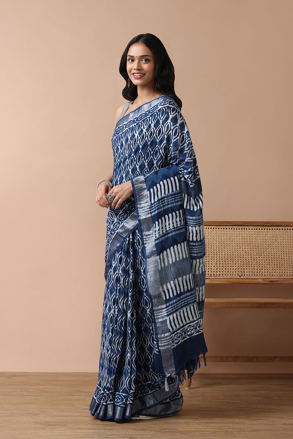 Blue Cotton Viscose Rajasthan Block Printed Saree image number null