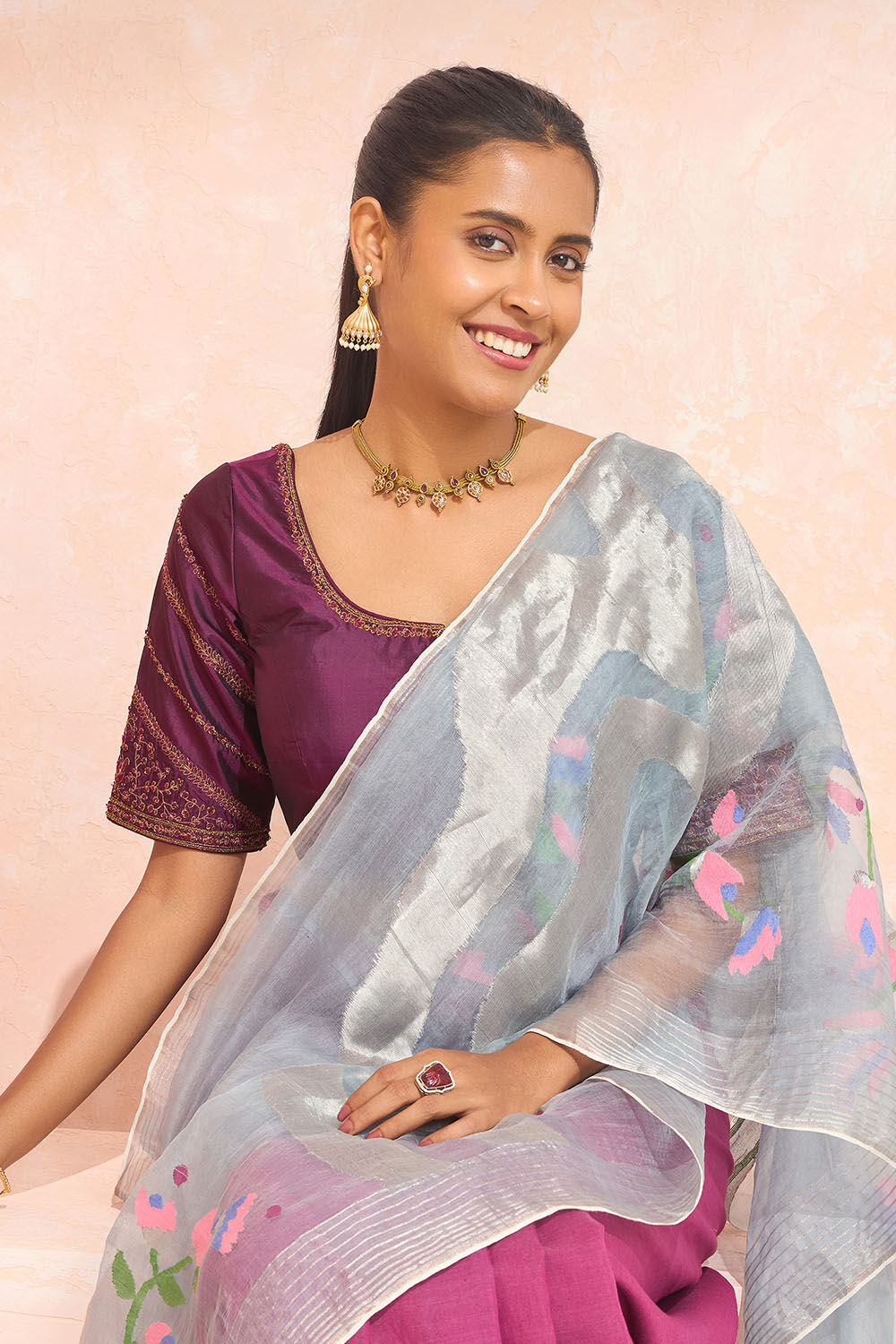 Violet Pure Silk Embroidered Blouse image number null