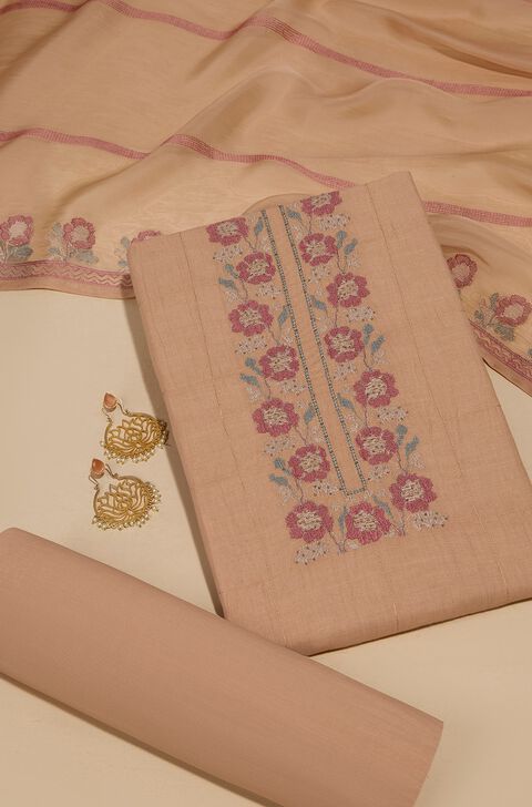 Brown Pure Cotton Linen Embroidered Unstitched Suit Set