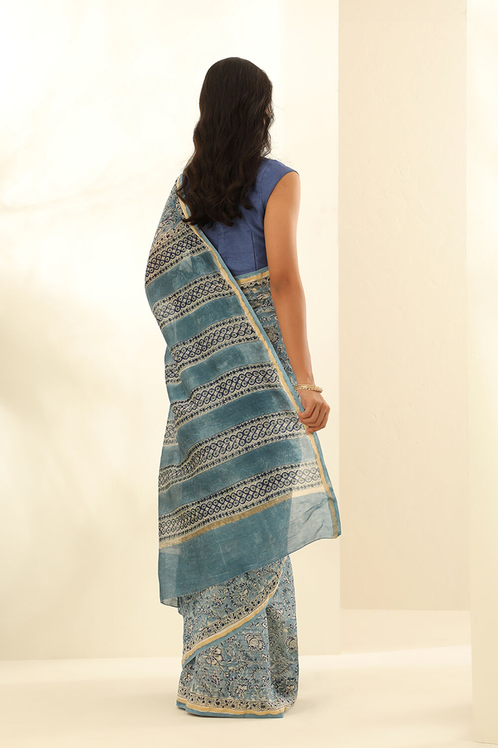 Light Blue Pure Silk Cotton Bagru Block Printed Saree image number null