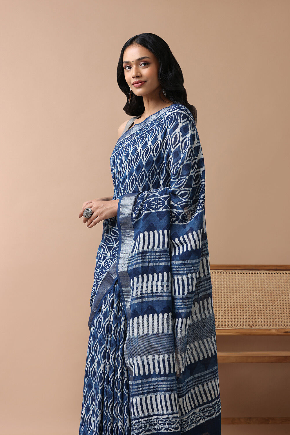 Blue Cotton Viscose Rajasthan Block Printed Saree image number null