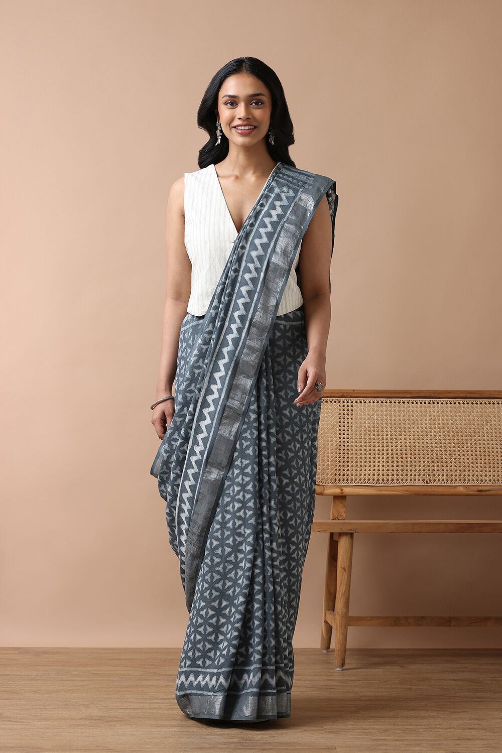 Grey Cotton Viscose Rajasthan Block Printed Saree image number null