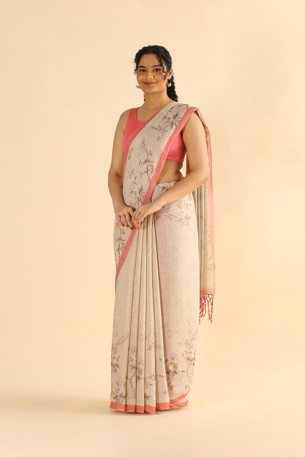 Beige Pure Linen Digital Printed Saree image number null