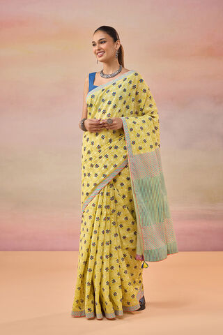 Light Yellow Pure Cotton Block Printed Bengal Saree image number
