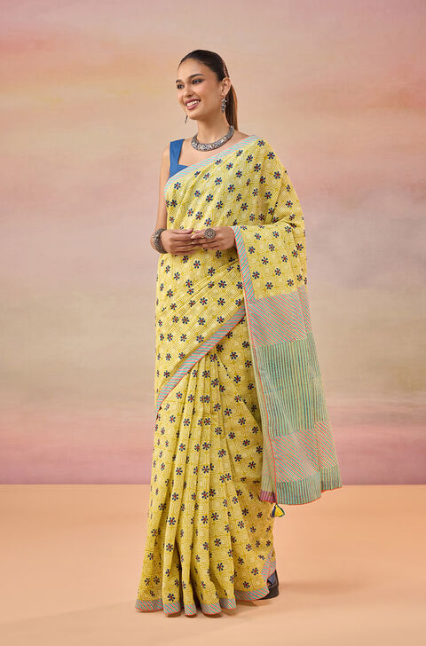 Light Yellow Pure Cotton Block Printed Bengal Saree
