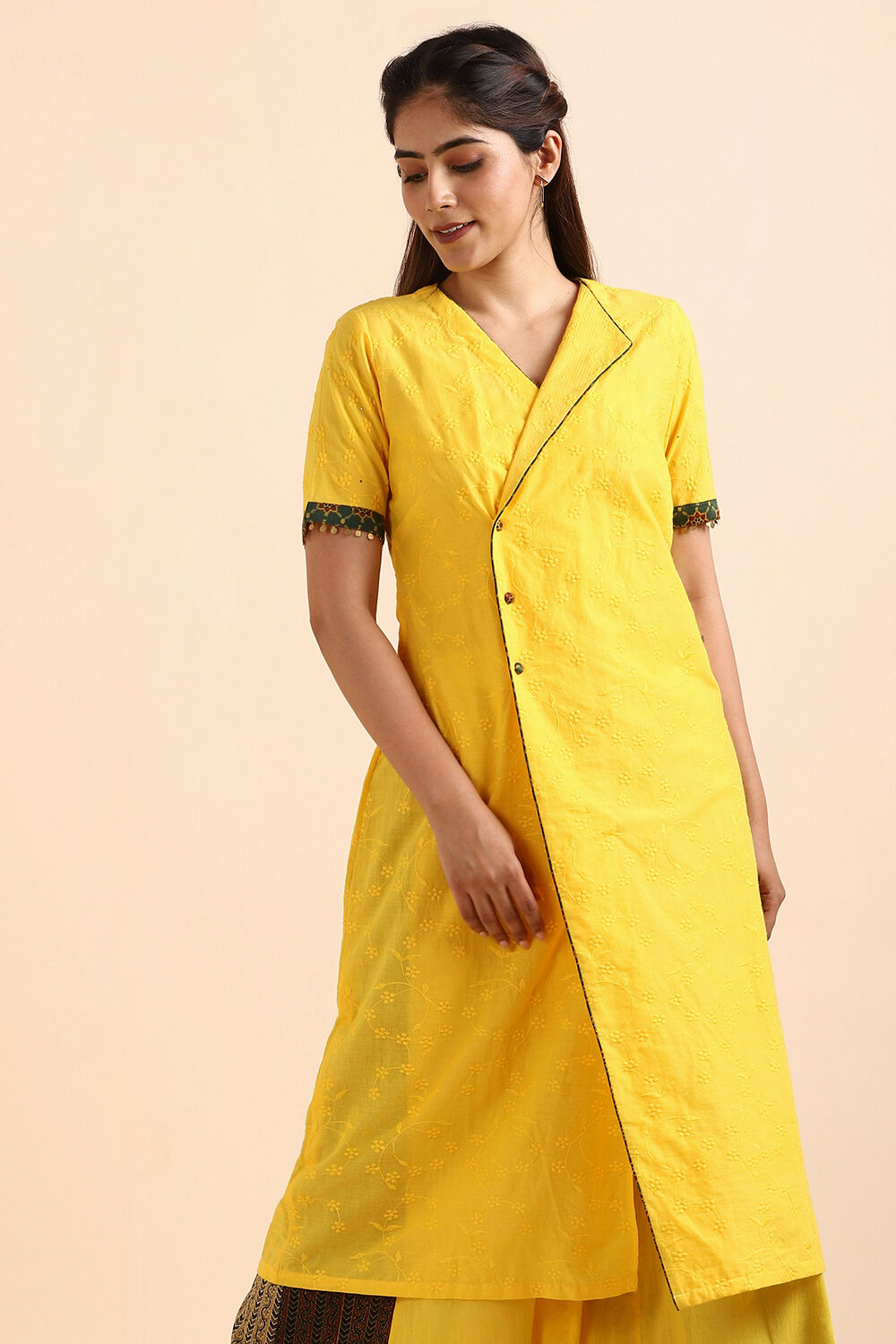 Dark Yellow Embroidered Cotton Kurta Set image number null
