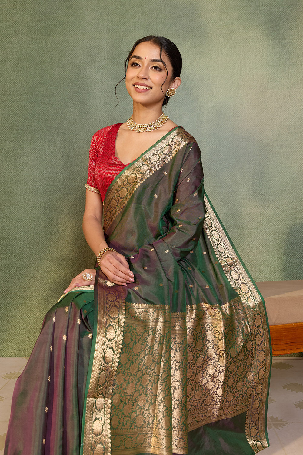 Green Silk Viscose Cutwork Banarasi Saree image number null