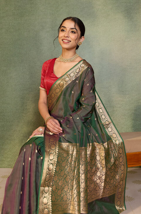 Green Silk Viscose Cutwork Banarasi Saree