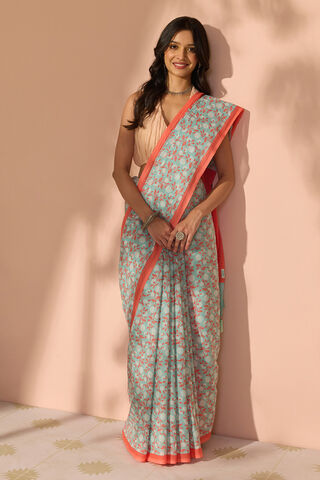 Light Blue Bengal Screen Printed Pure Cotton Mulmul Saree thumbnail image number null