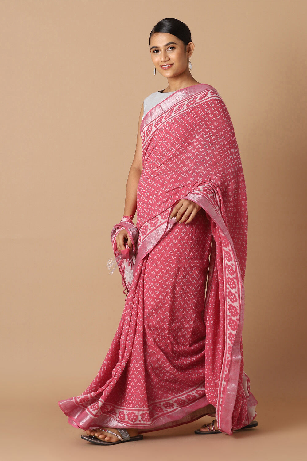 Pink Pure Cotton Linen Bagru Printed Saree image number null