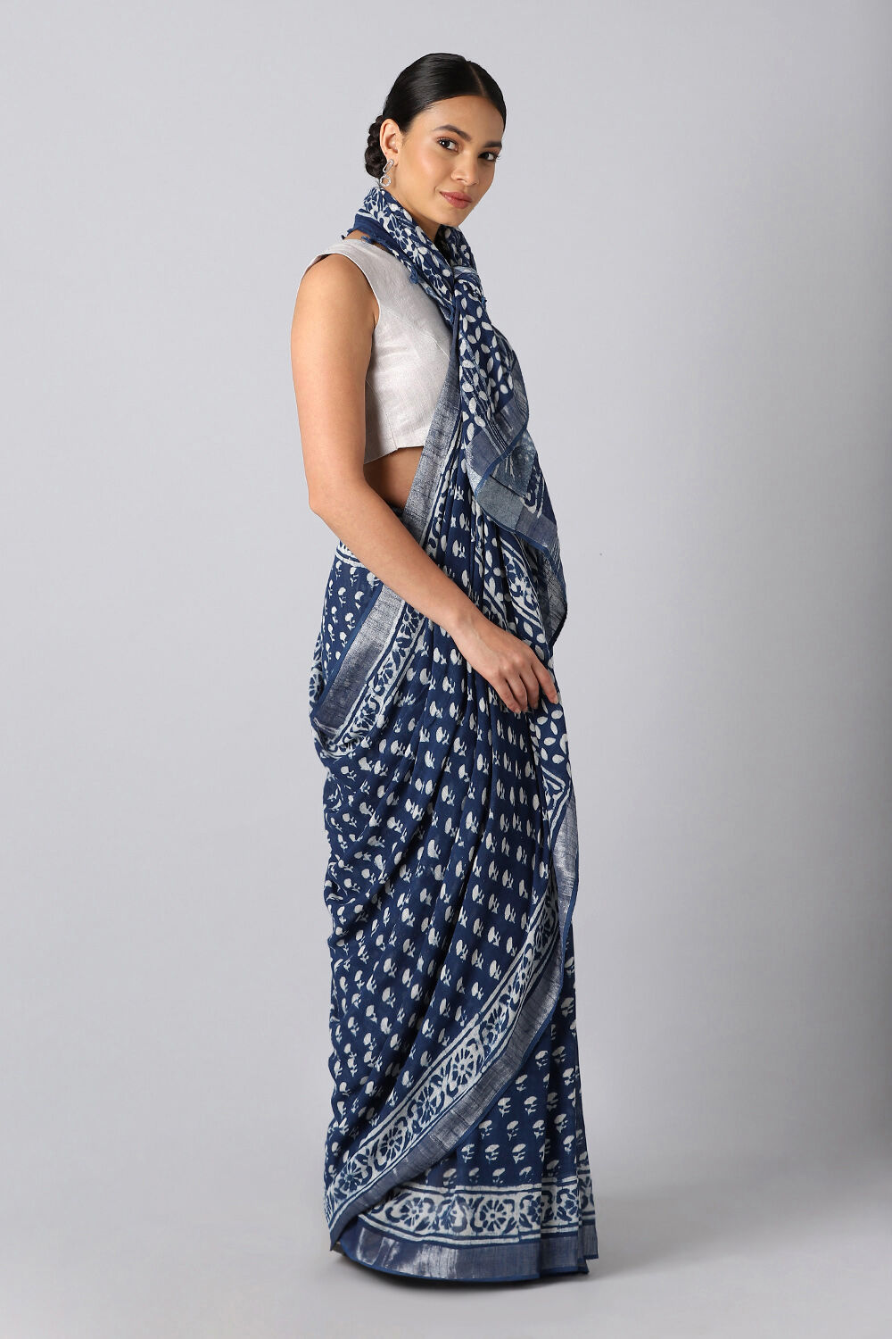 Dark Blue Pure Cotton Linen Bagru Printed Saree image number null