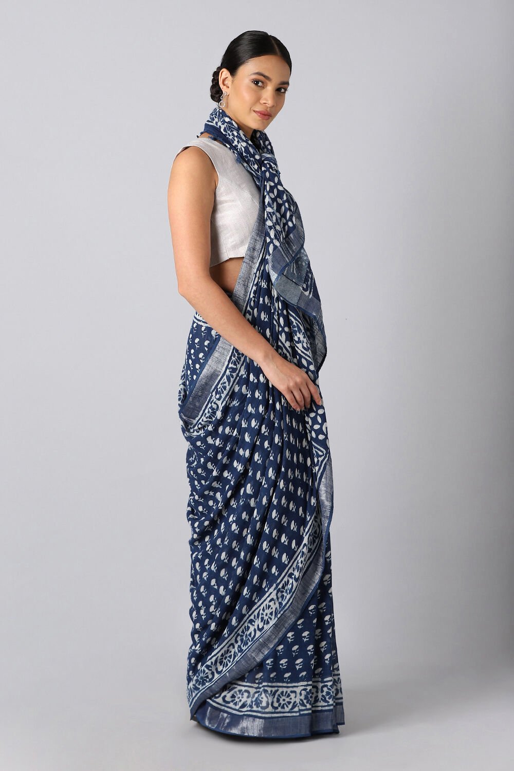 Dark Blue Pure Cotton Linen Bagru Printed Saree image number null