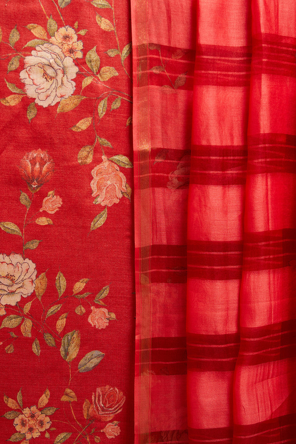 Red Printed Pure Tussar Silk Unstitched Suit Set image number null