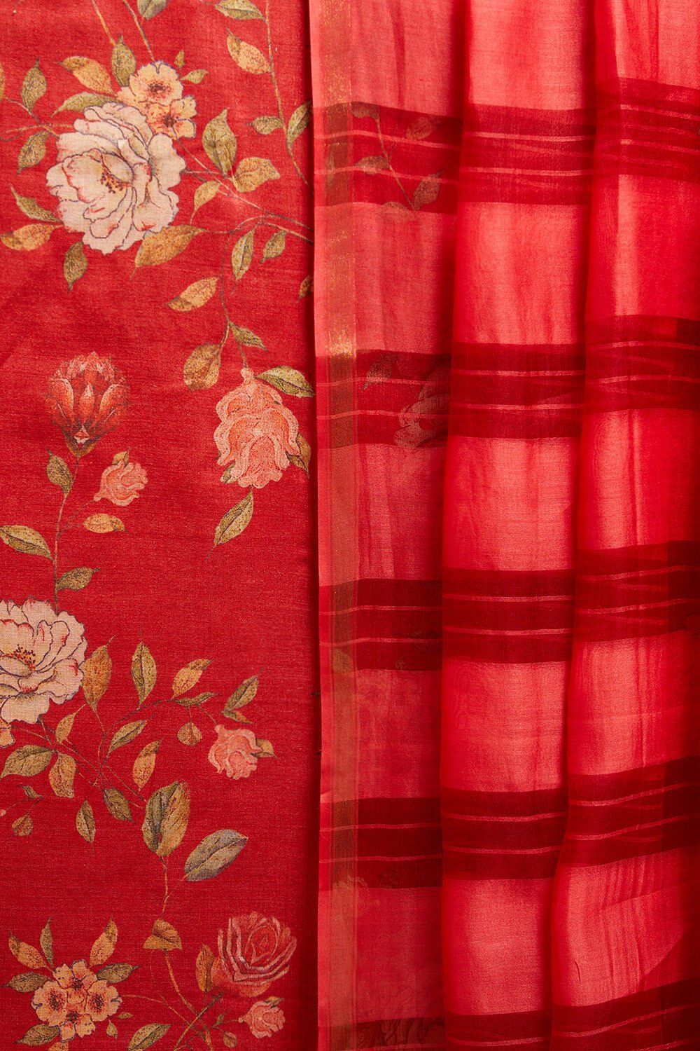 Red Printed Pure Tussar Silk Unstitched Suit Set image number null