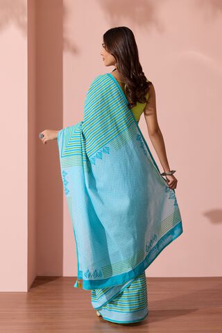Light Blue Pure Cotton Block Printed Bengal Saree thumbnail image number null