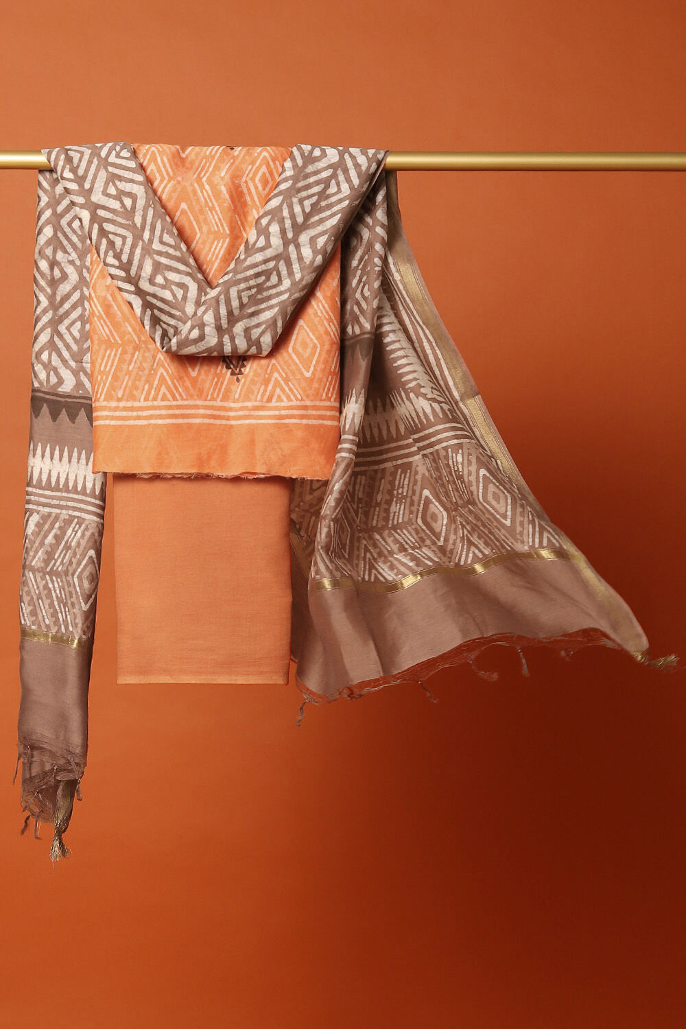 Orange Silk Cotton Bagru Printed Unstitched Suit Set image number null