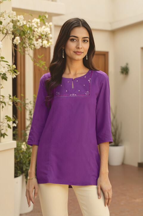 Purple Pure Cotton Mukaish Emboridered Short Top