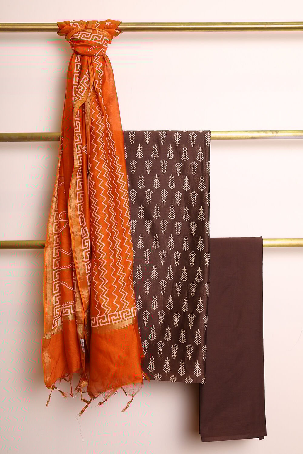 Brown Pure Silk Cotton Suit Set image number null