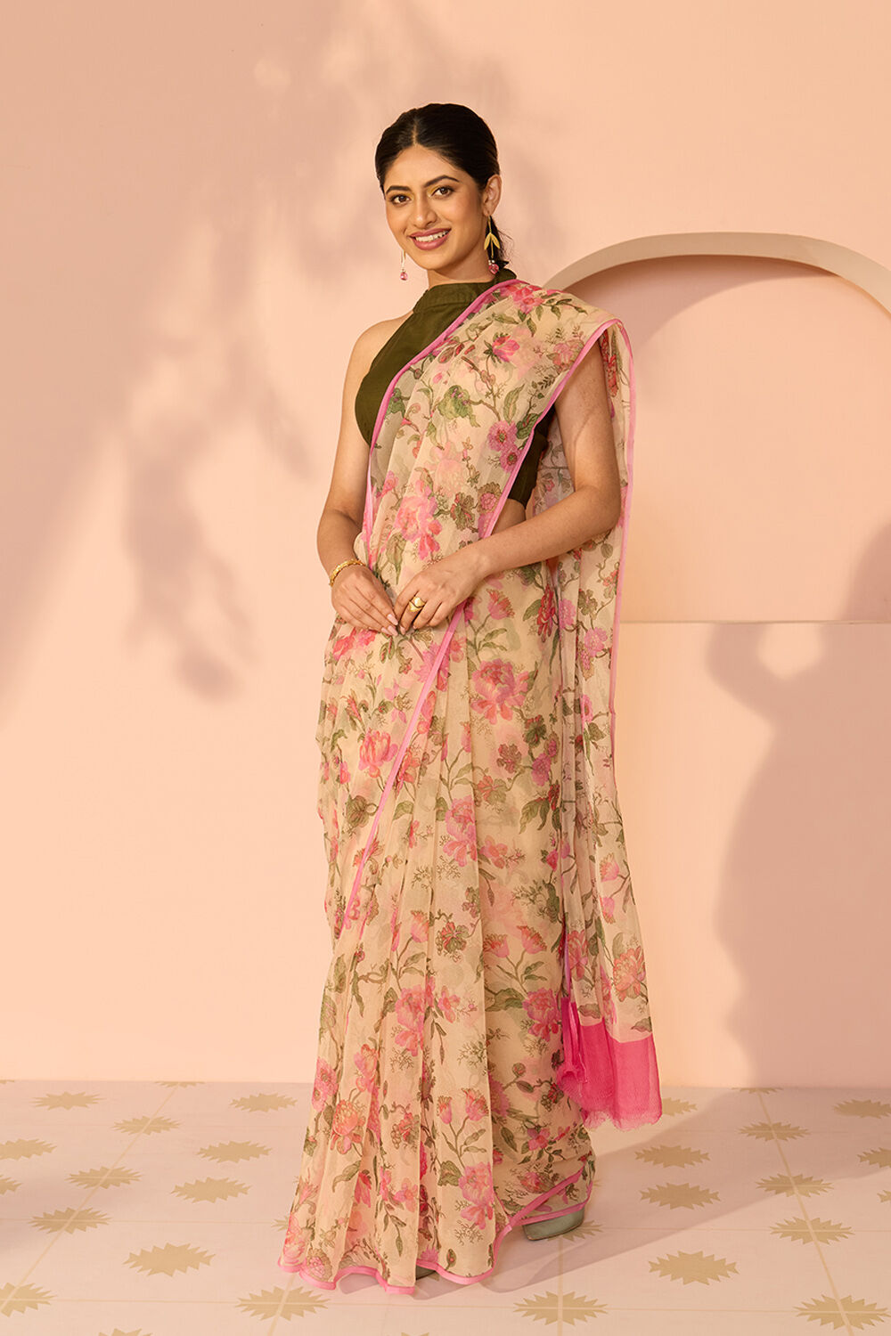 Beige Screen Printed Viscose Chiffon Saree image number null